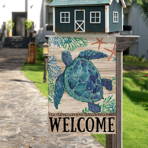 Dlzdn Welcome Sea Turtle flag burlap texture detail for rustic yard decor.