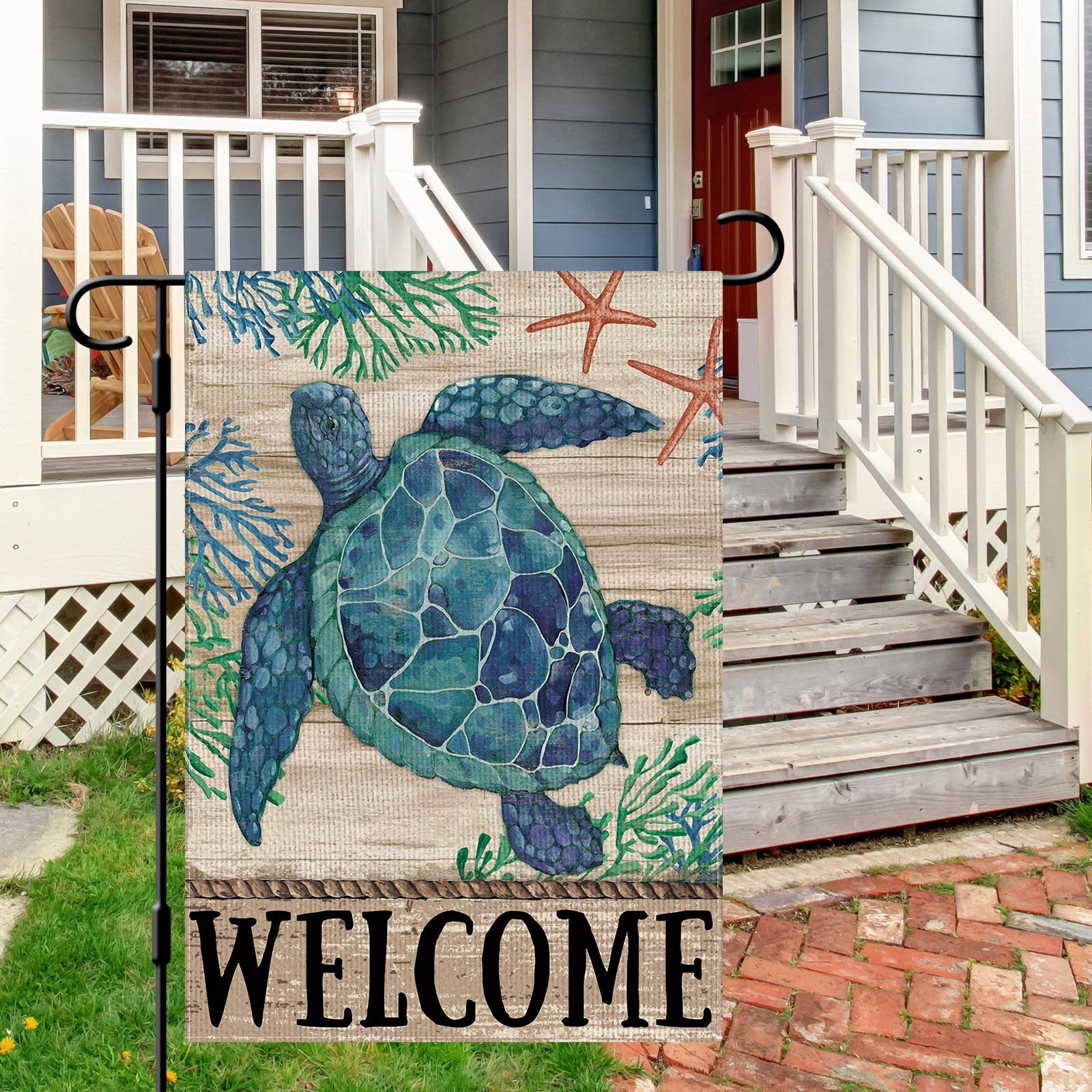 Dlzdn Welcome Sea Turtle flag ocean-theme close-up highlighting turtle and waves.