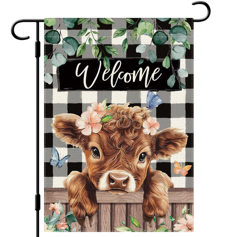 DLZDN Welcome Spring Highland Cow flag front view adds seasonal charm to outdoor spaces