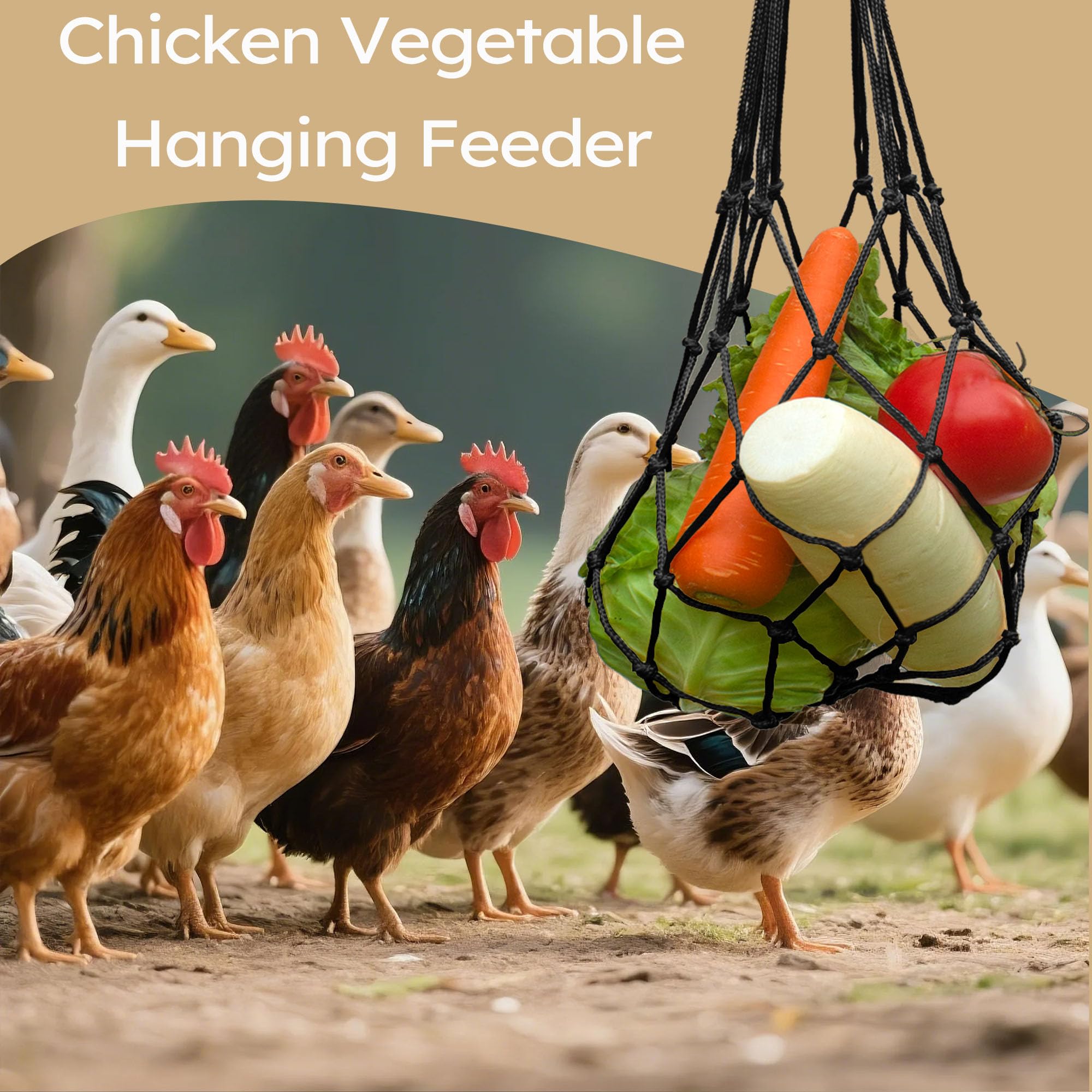 DMIMIA hanging chicken feeder bag showing vegetables and treats