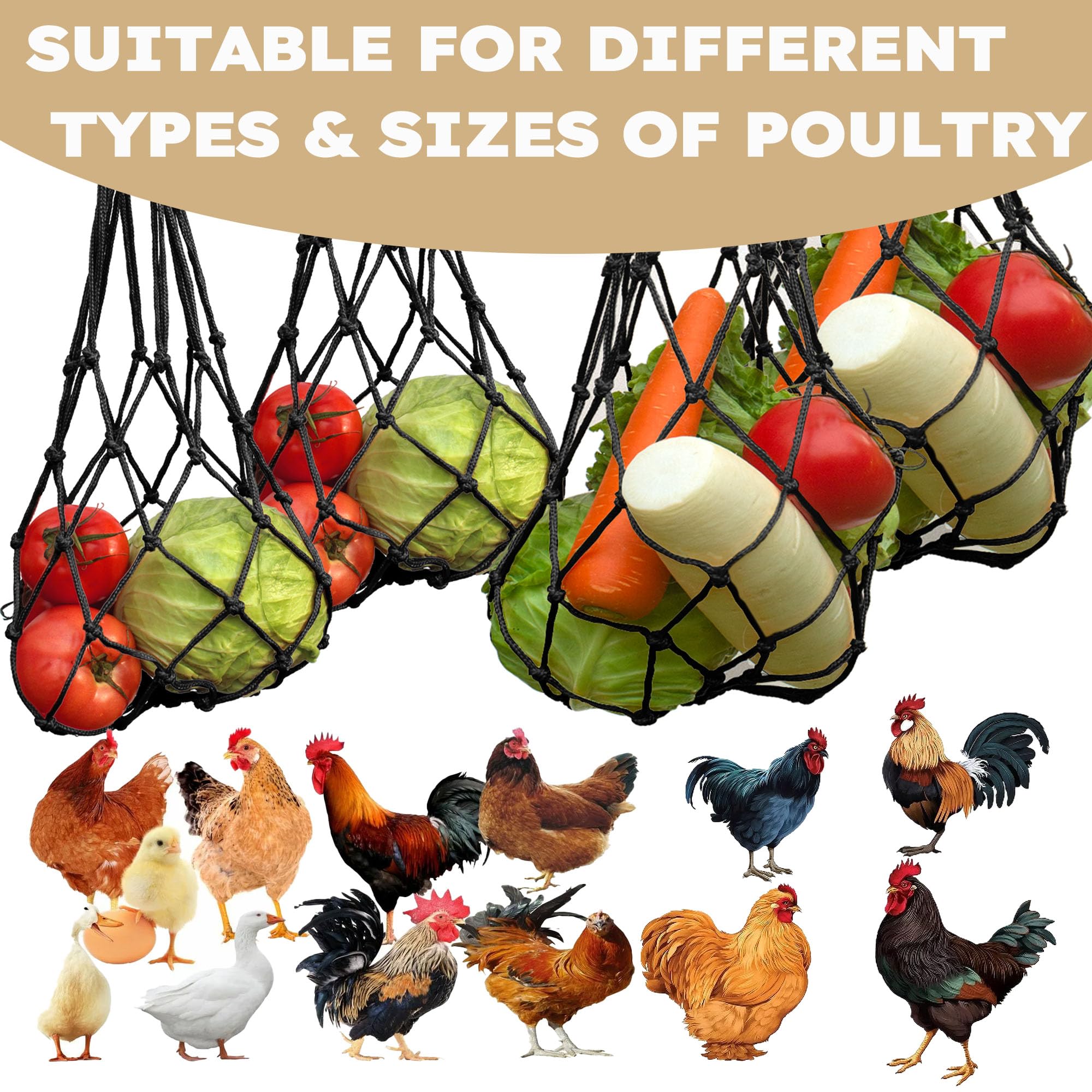 DMIMIA mesh capacity accommodates apples, lettuce, tomatoes for varied poultry snacks