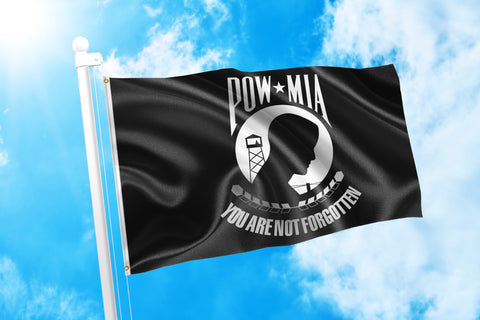 DMSE POW/MIA flag stitched edges close-up emphasizes durable construction for windier days.