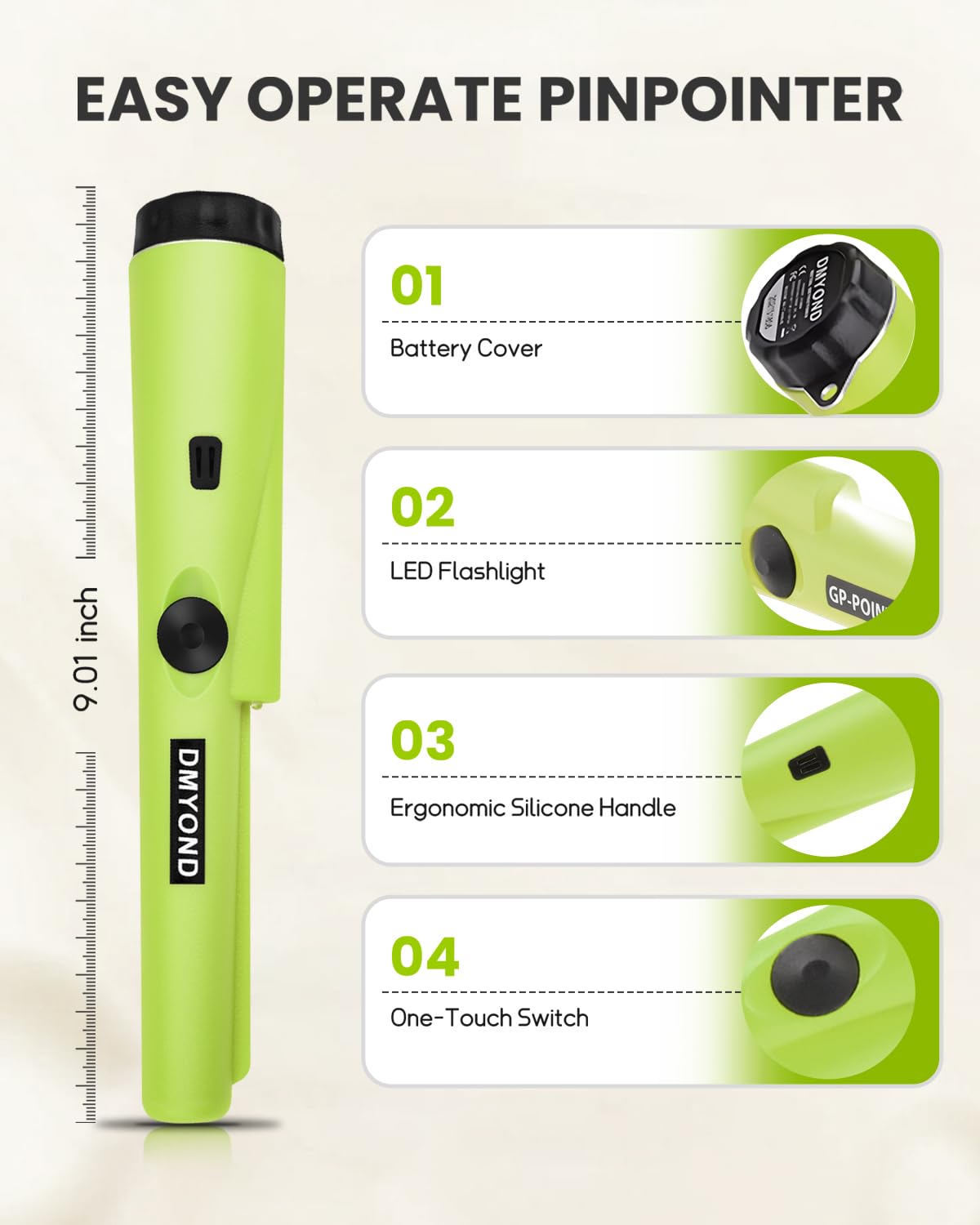 Dmyond pinpointer belt clip enables hands-free carrying.
