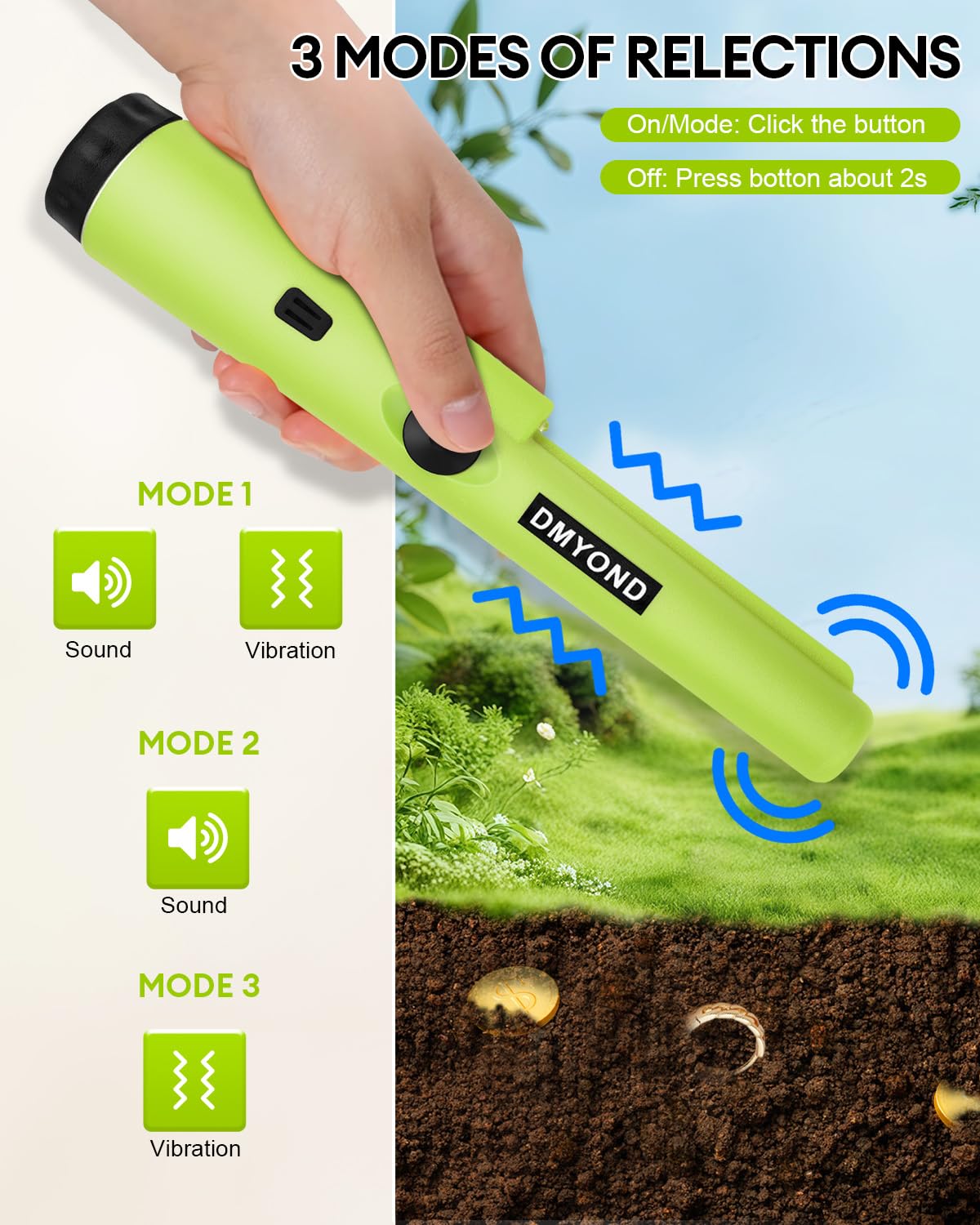 Dmyond pinpointer LED indicator confirms detection with a clear light.