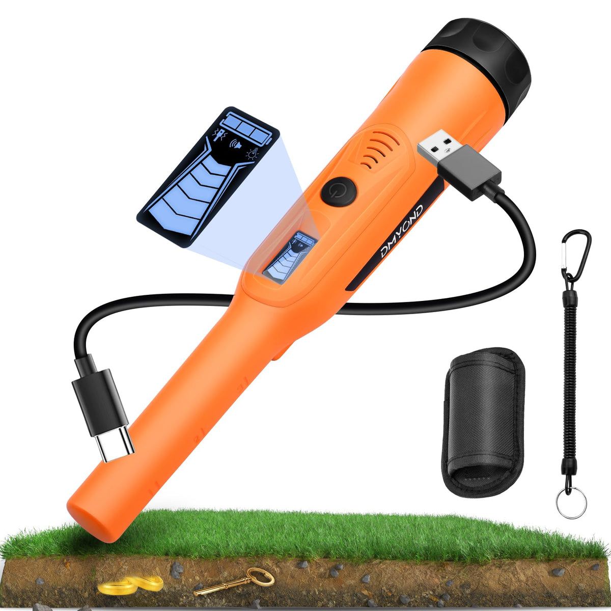 Dmyond pinpointer with rechargeable battery for longer treasure hunts.