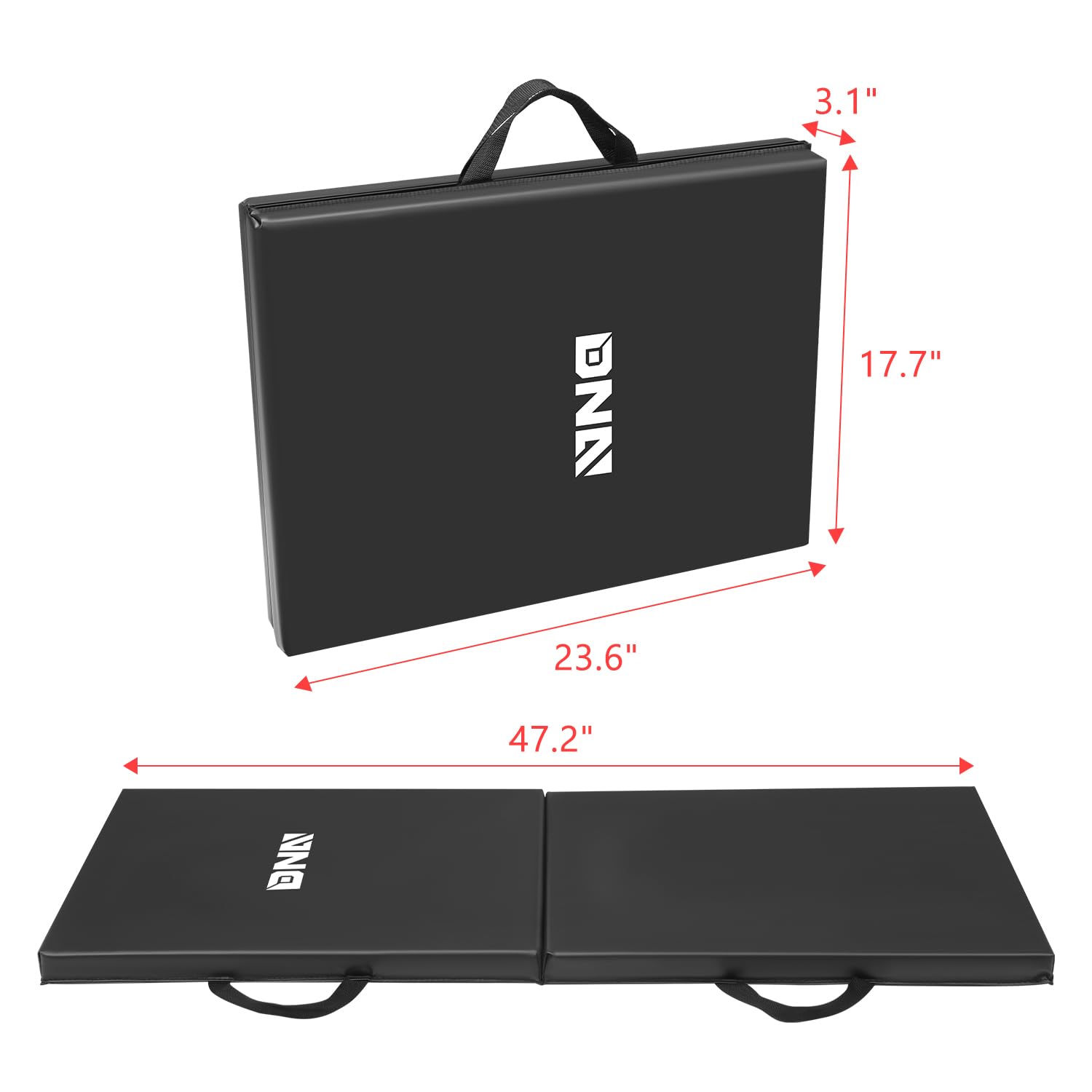 DNA Motoring kneeling pad folded with handles for easy transport and compact storage.