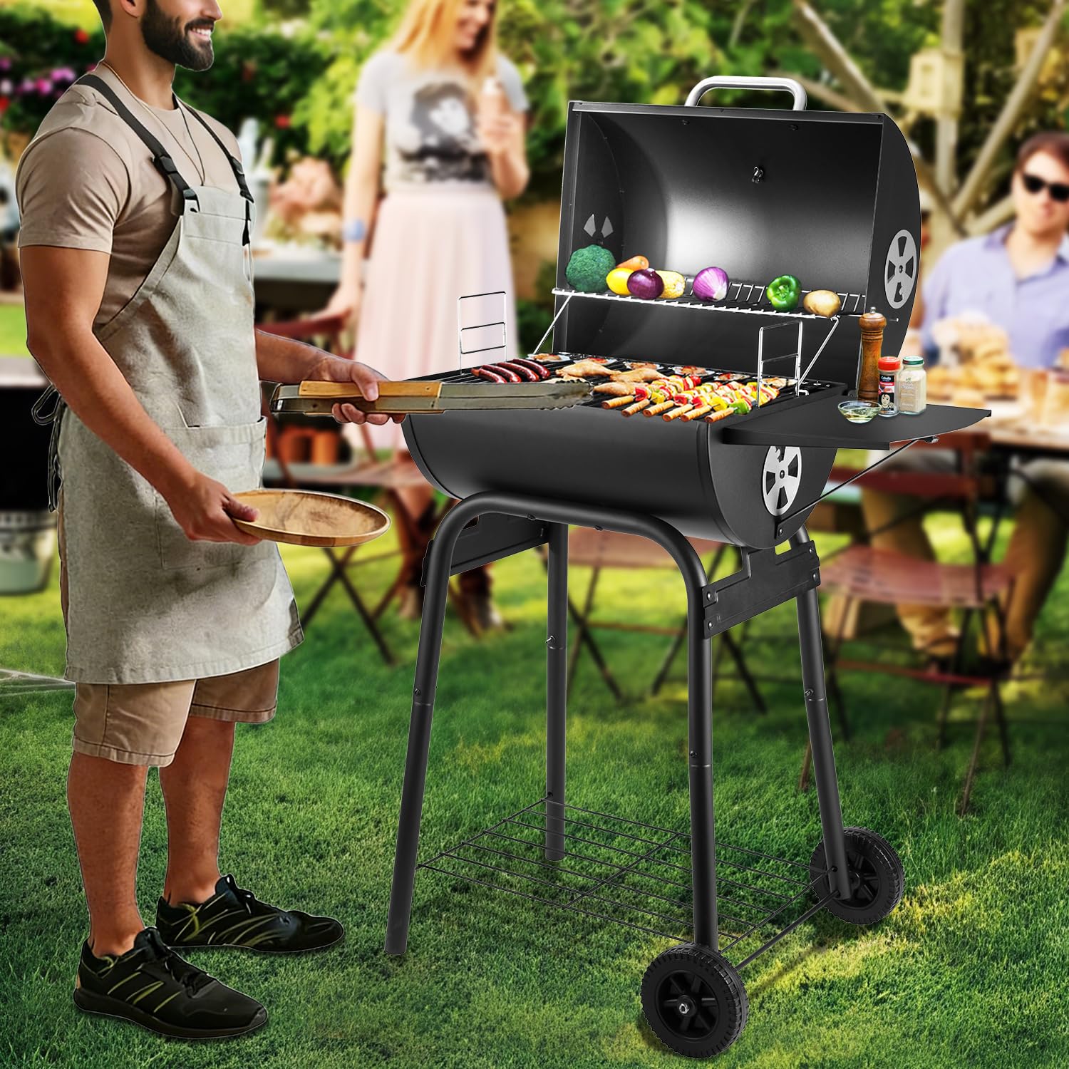 DNKMOR charcoal grill in a clean outdoor setup ready for use