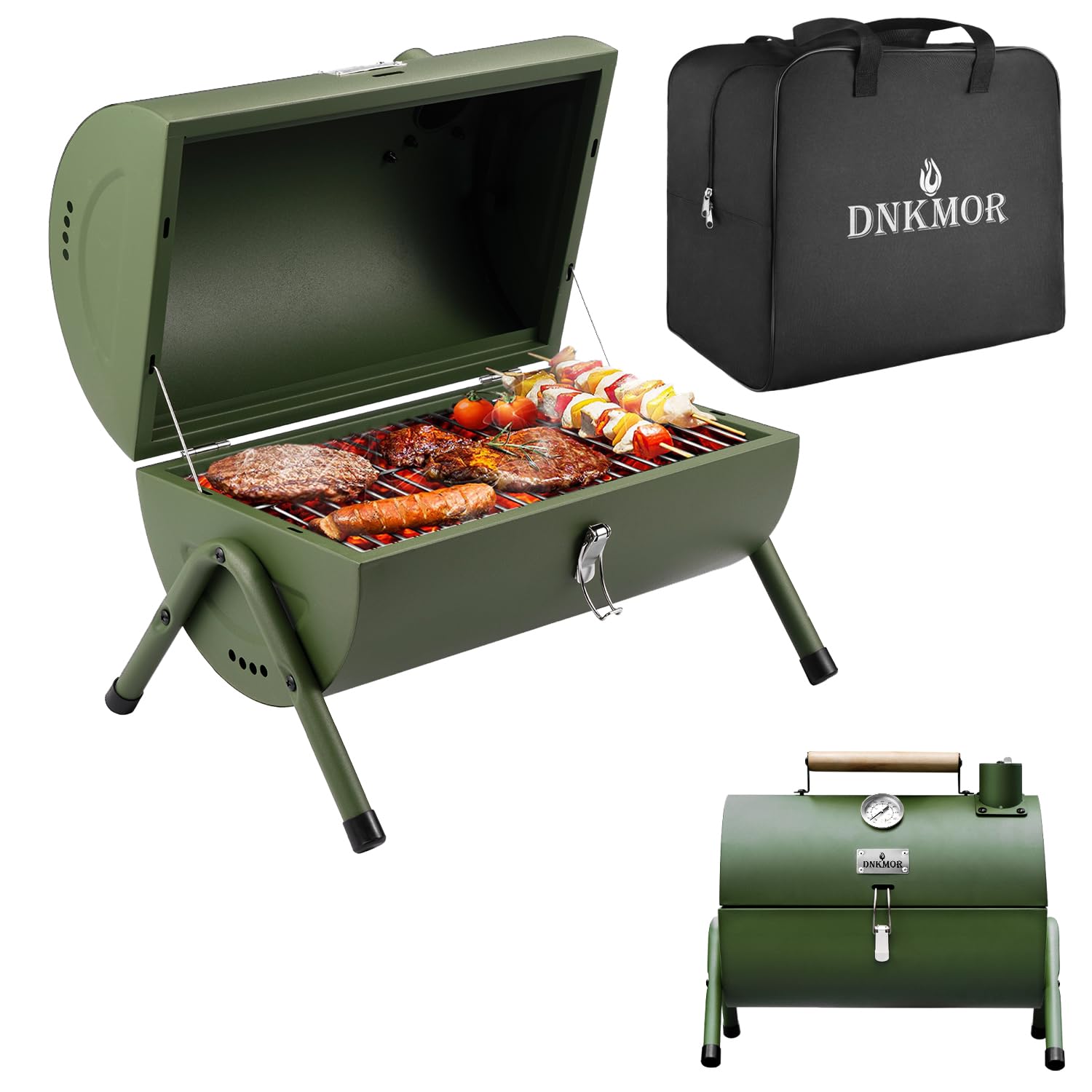DNKMOR portable charcoal grill with lid closed for easy transport.