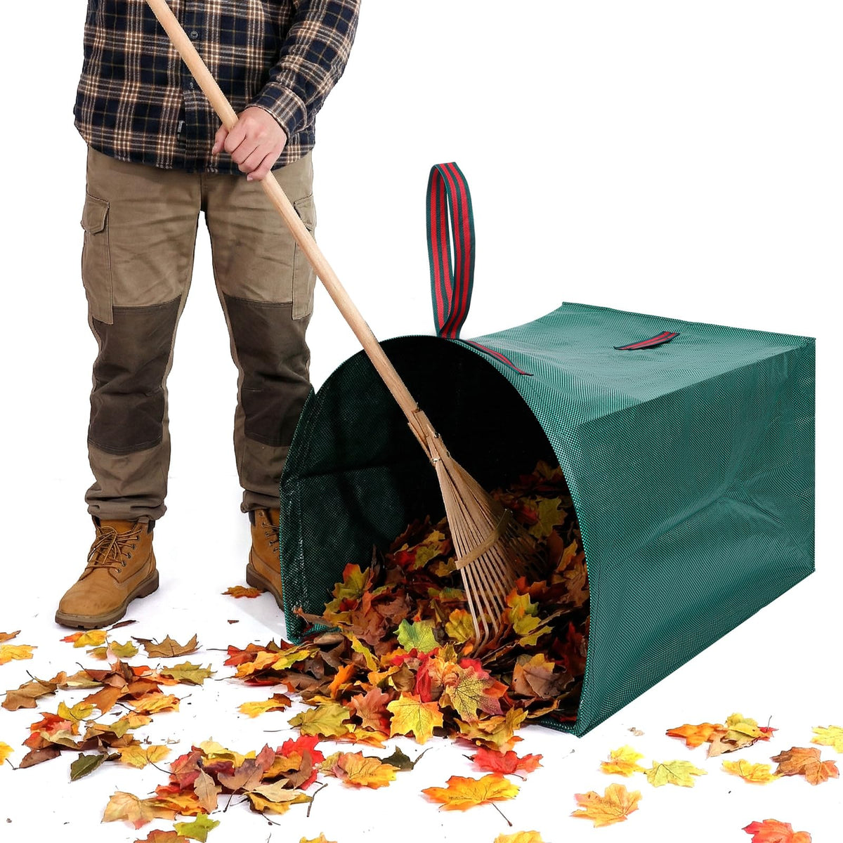 Dntorx 53-gallon leaf bag with dustpan opening for quick leaf collection.