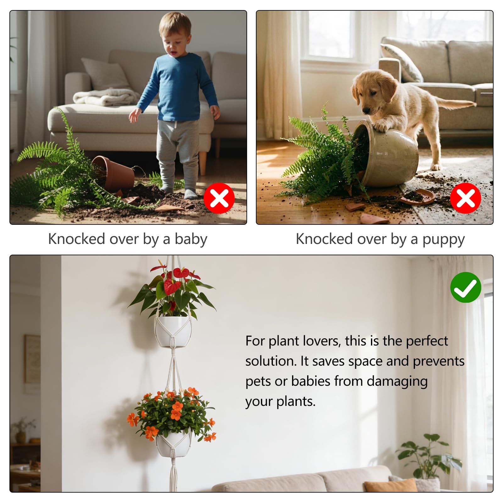 Dntorx Macrame Plant Hanger 50-inch pet-friendly decor keeps plants safe.