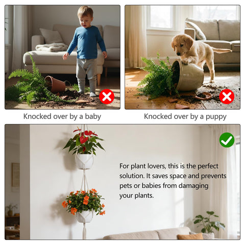 Dntorx Macrame Plant Hanger 50-inch pet-friendly decor keeps plants safe.