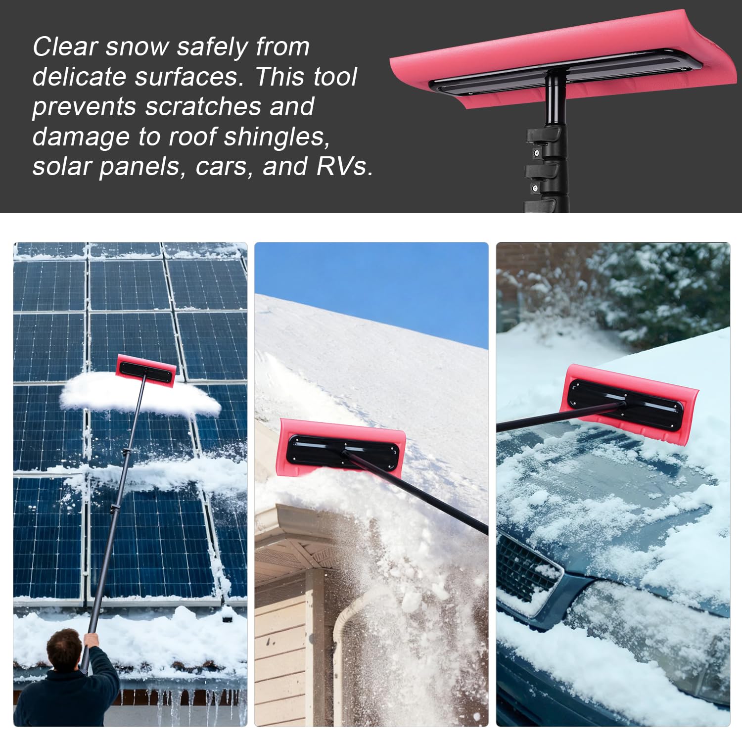 DOBEN extended reach helps clear snow without climbing onto surfaces.