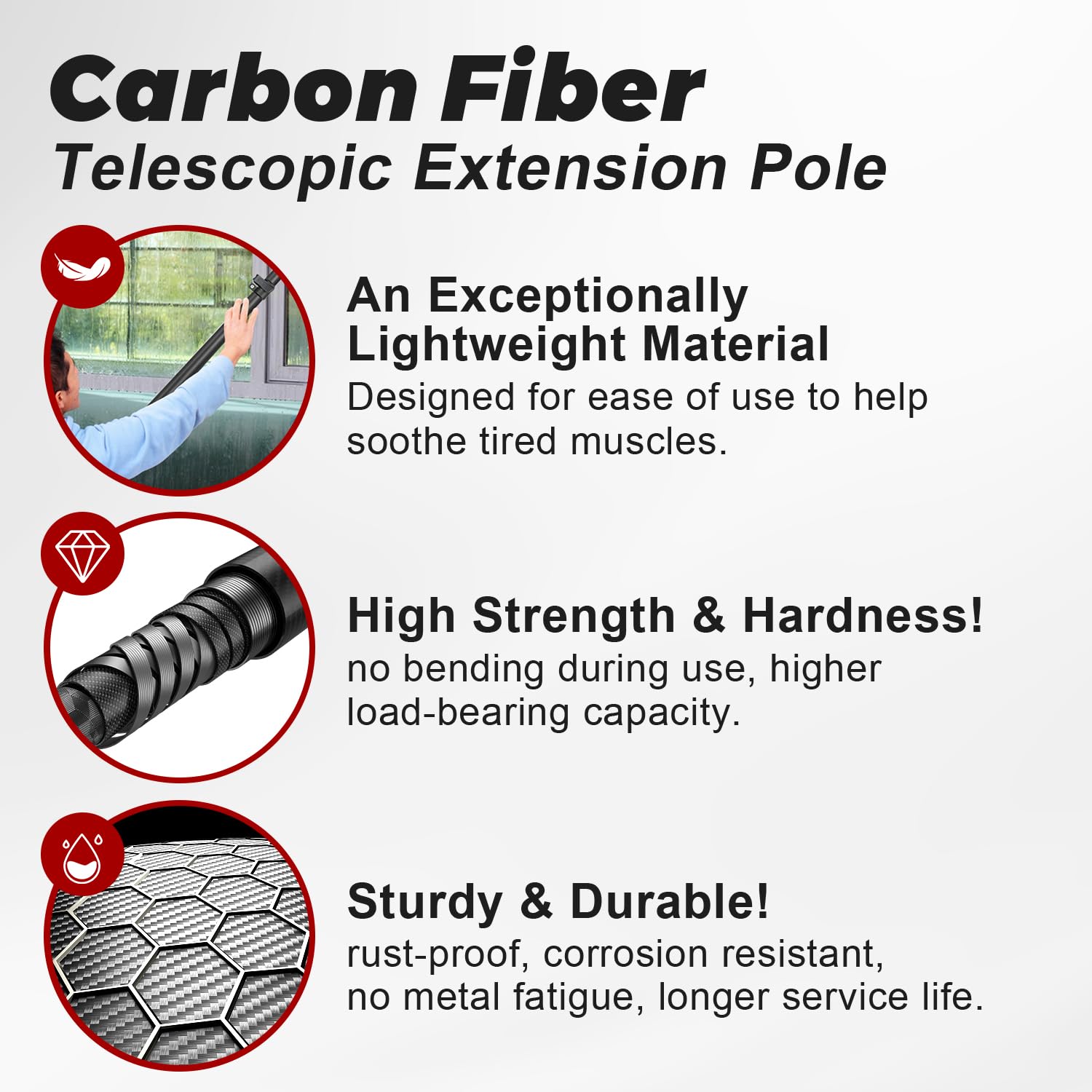 Extendable pole with quick-release buckle enables fast length adjustment.
