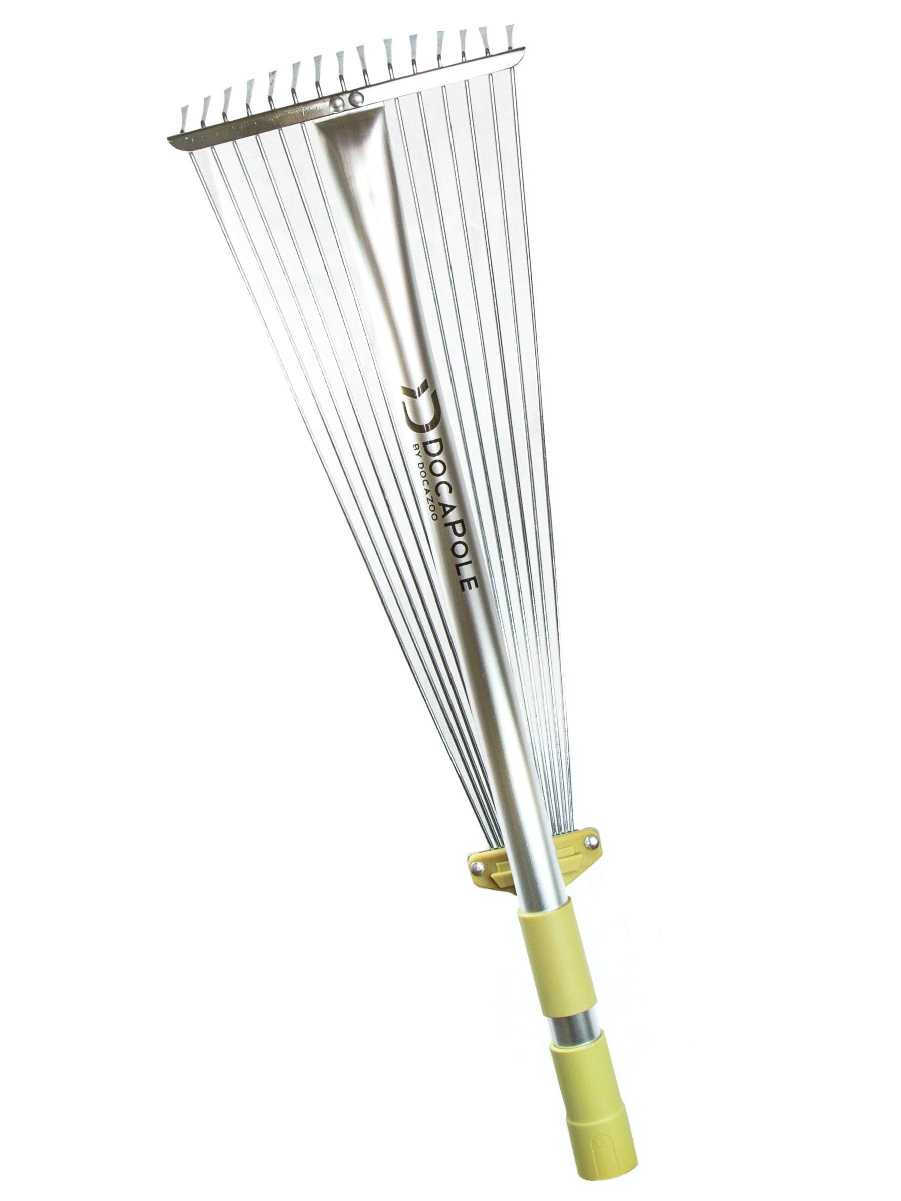 DOCAZOO roof rake attachment on extension pole enables safe ground-level roof debris removal.
