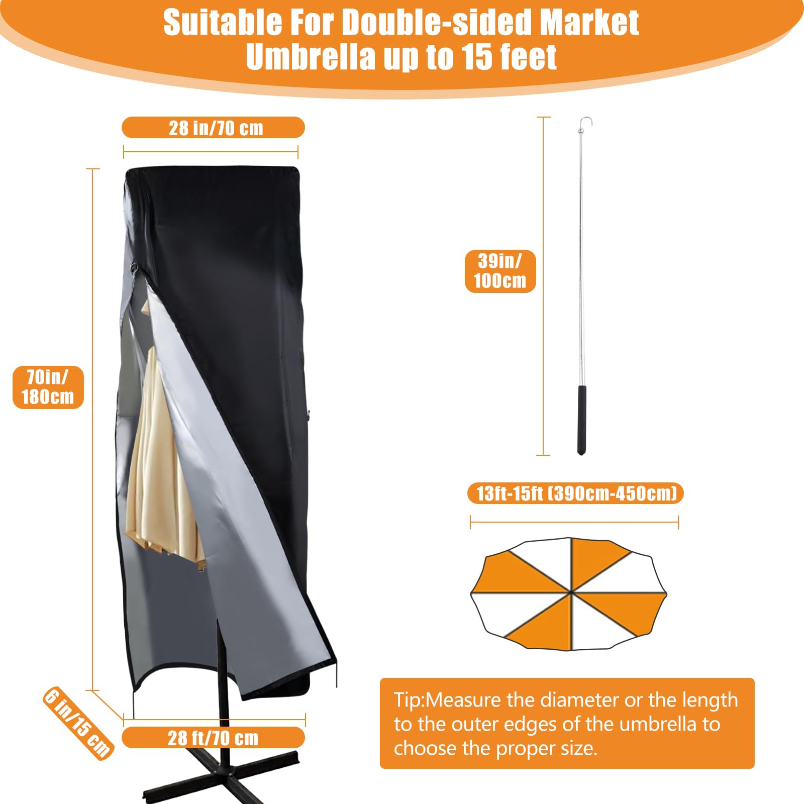 DOCEPERT outdoor umbrella cover in 420D waterproof oxford shielding a large umbrella.