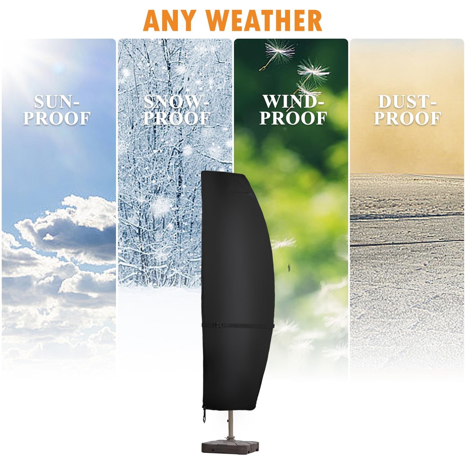 DOCEPERT cover dimensions 70x28x28 fit 13-15 ft double-sided umbrellas.