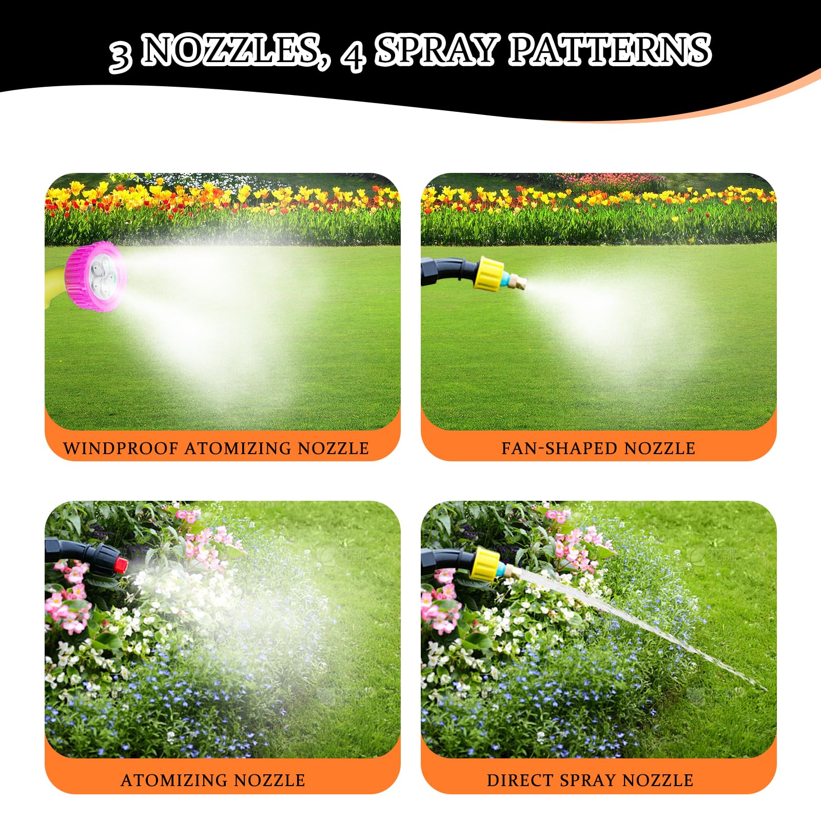Docreate three nozzles interchangeable for precise mist and targeted applications.