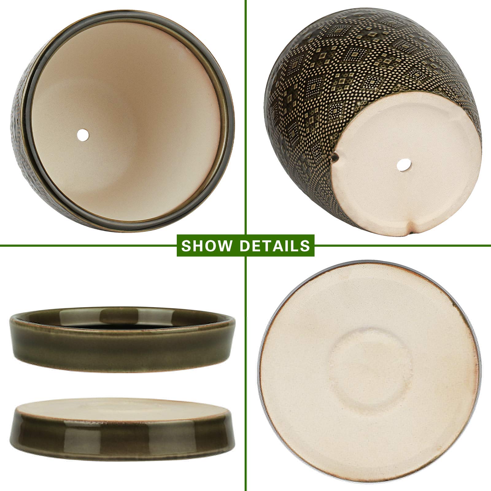 Docrin ceramic planter showing drainage hole and matching saucer for moisture control