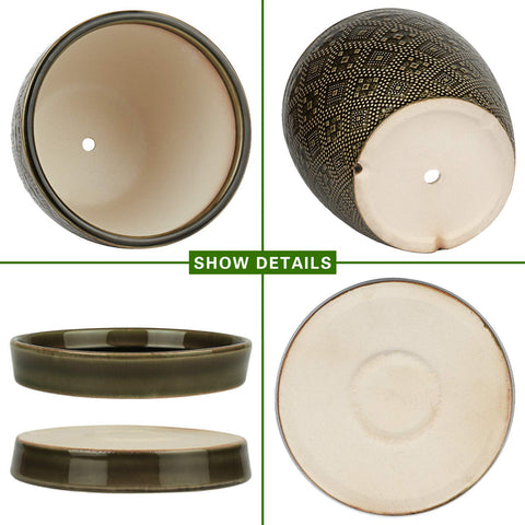Docrin ceramic planter showing drainage hole and matching saucer for moisture control