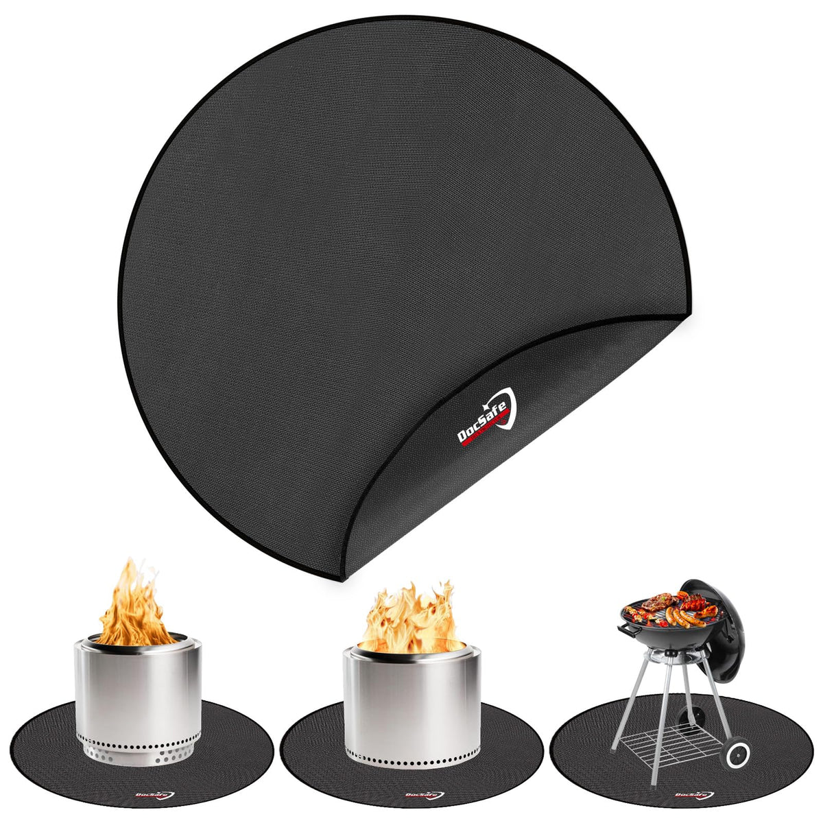 DocSafe 36-inch round fire pit mat protecting deck from embers and grease for outdoor use