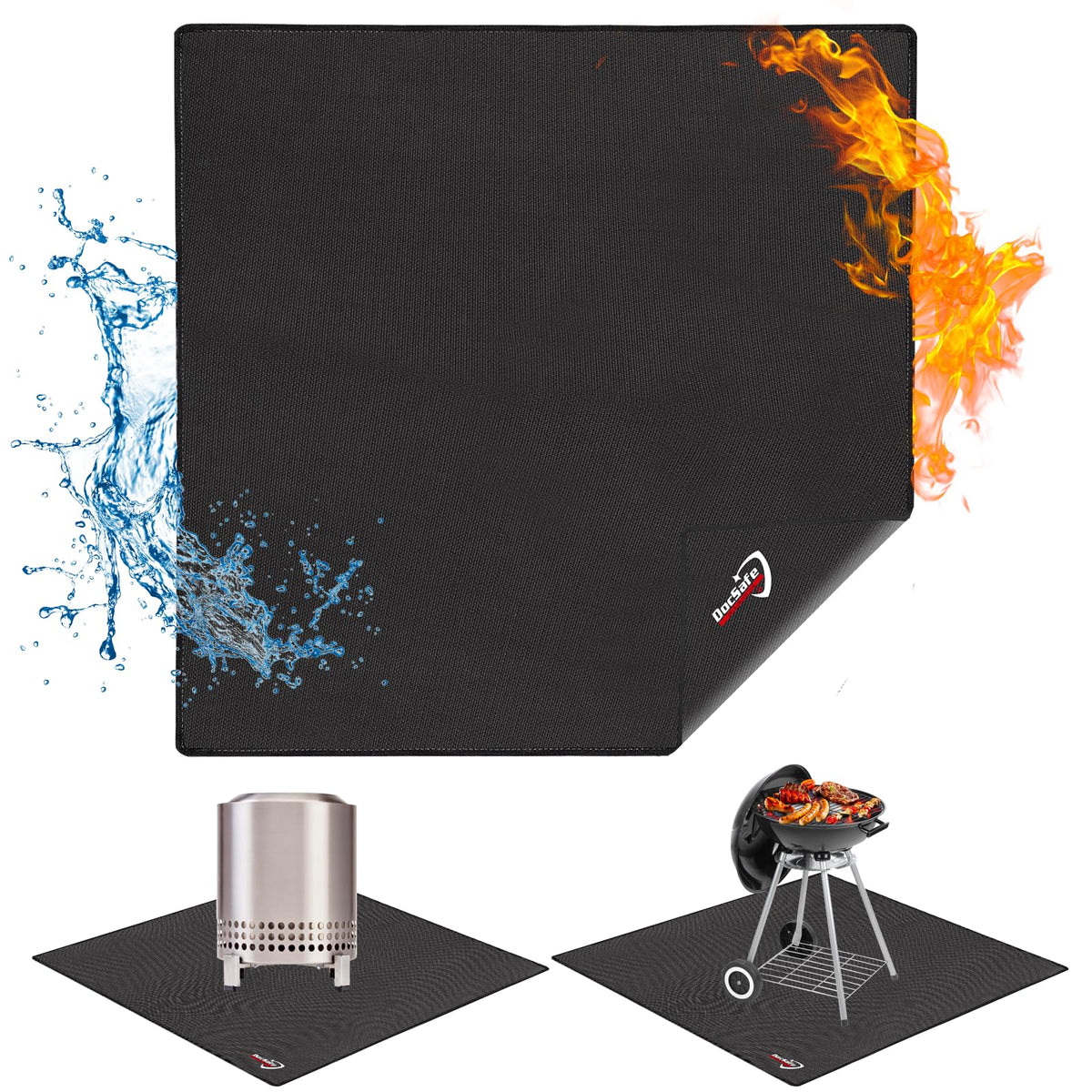 DocSafe fire pit mat under deck setup protects surface from embers and heat.