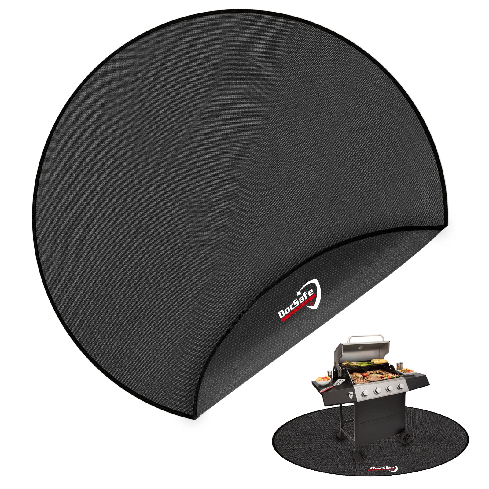 DocSafe round fire pit mat protects decking under a glowing pit