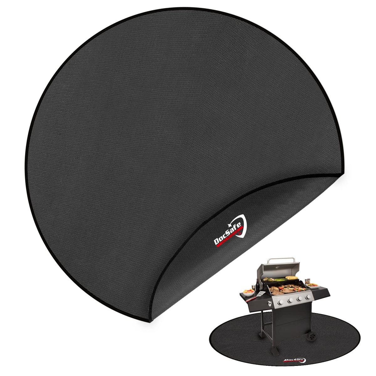 DocSafe round fire pit mat protects decking under a glowing pit