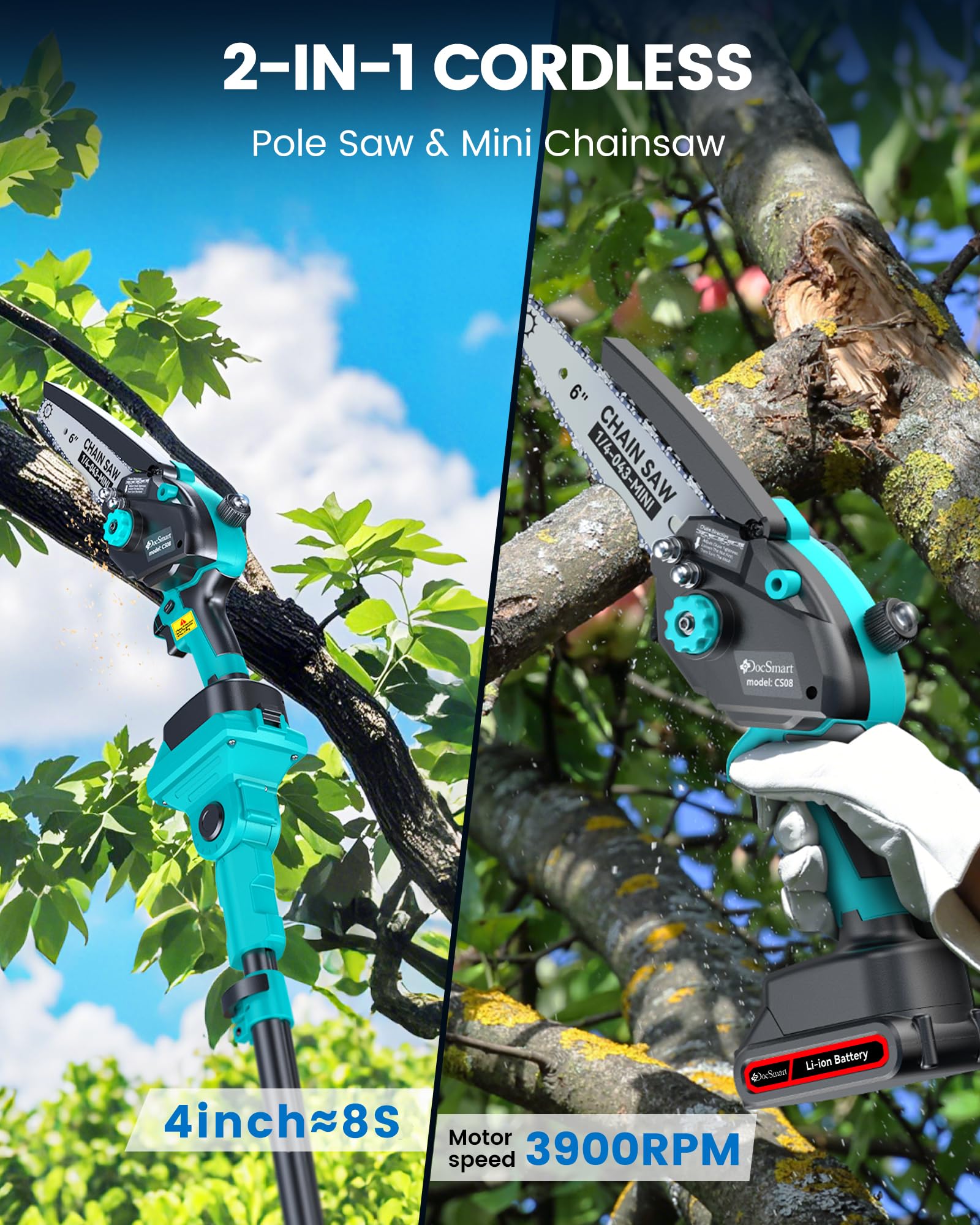 DocSmart saw head set at 112 degrees for precise angles on branches.