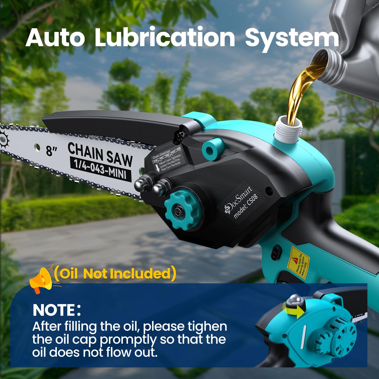 DocSmart auto oiler system keeps the chain lubricated for smooth cuts.