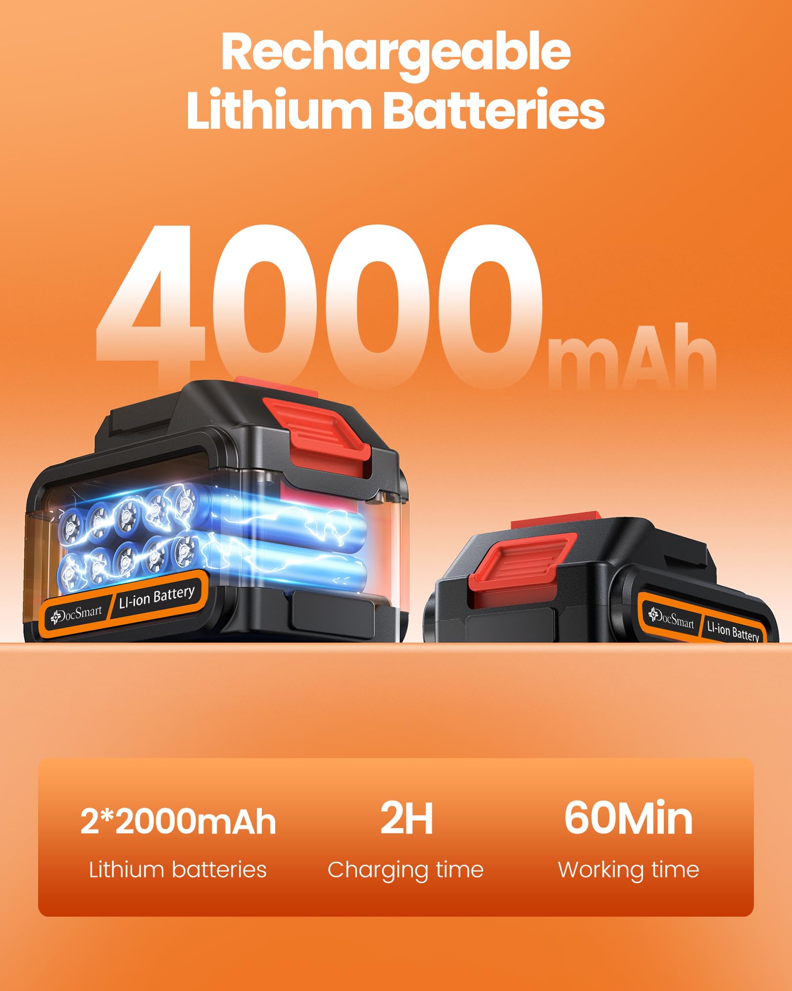 DocSmart dual 2000mAh batteries shown for cordless gardening freedom.