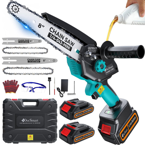 DocSmart electric mini chainsaw in action with an 8-inch bar for fast pruning.