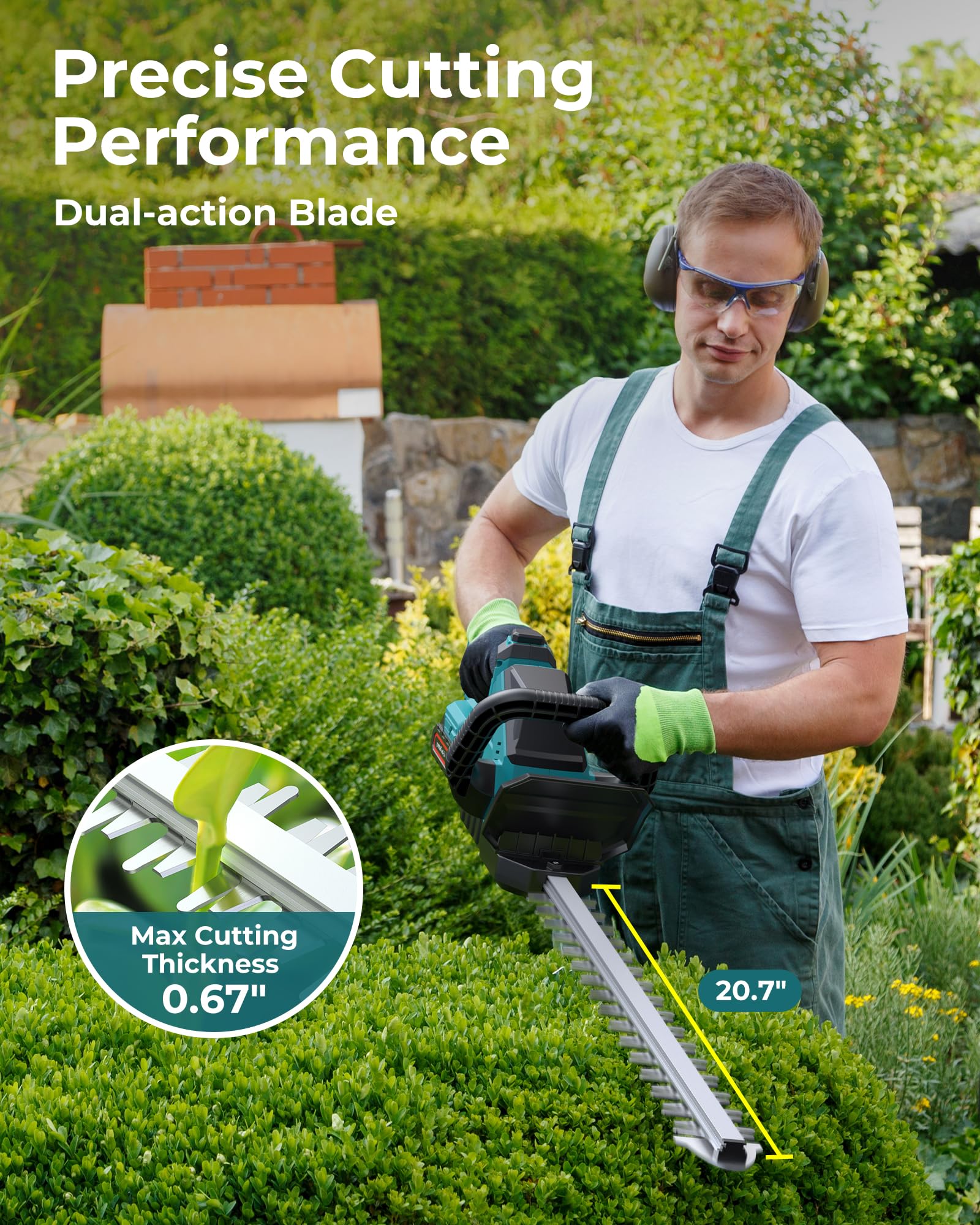 DocSmart hedge trimmer with rotatable head demonstrates versatile angle trimming.