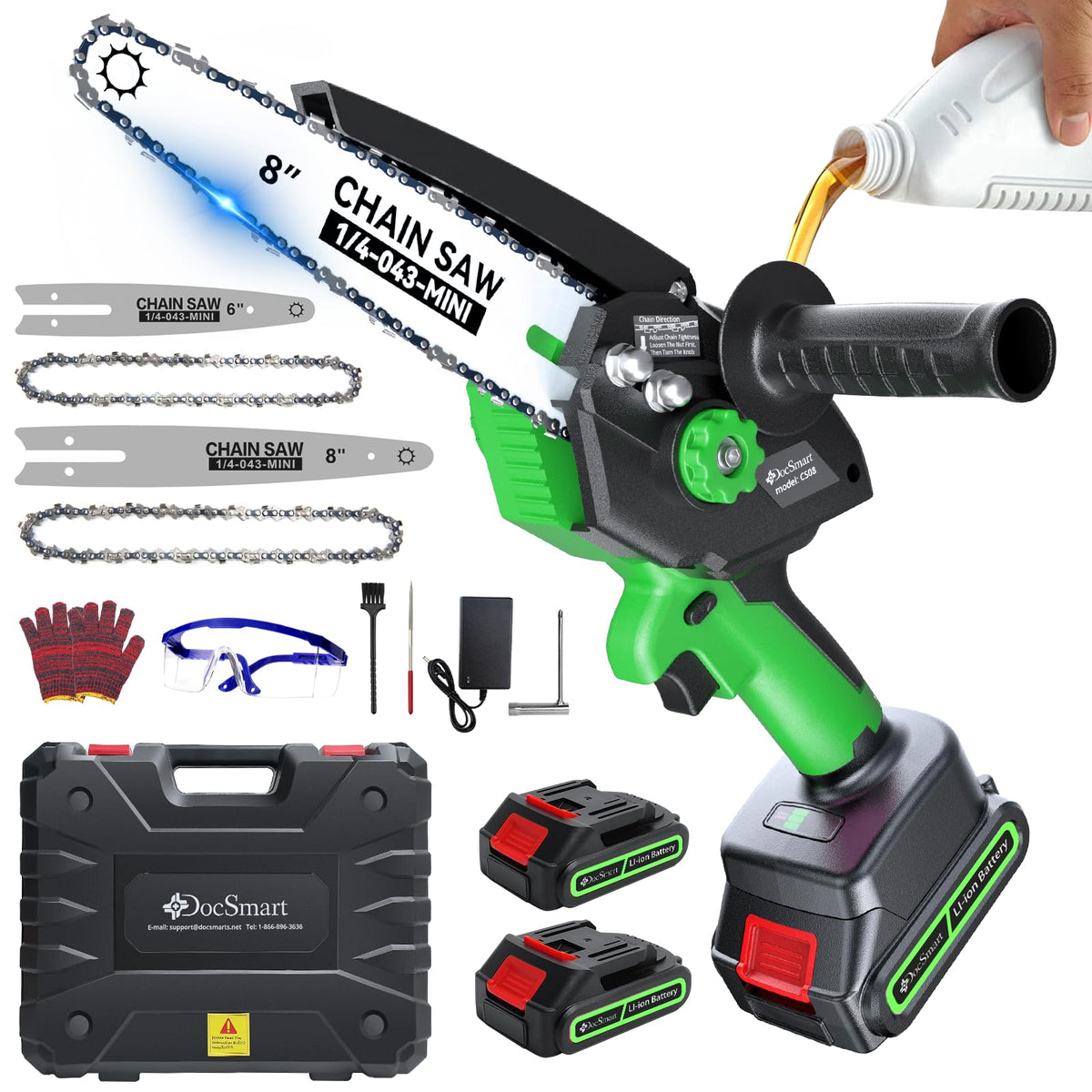 DocSmart mini chainsaw with 8-inch bar cutting a small branch outdoors