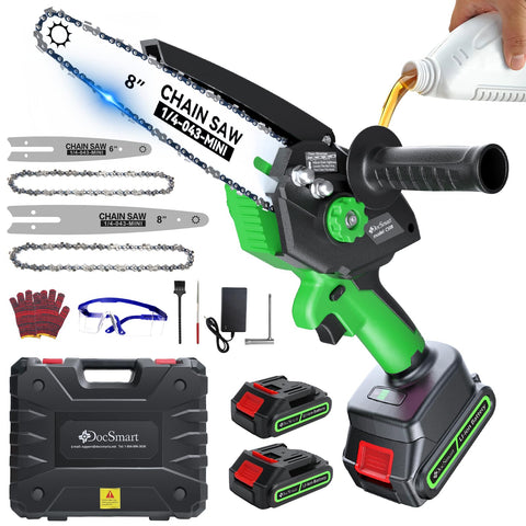 DocSmart mini chainsaw with 8-inch bar cutting a small branch outdoors