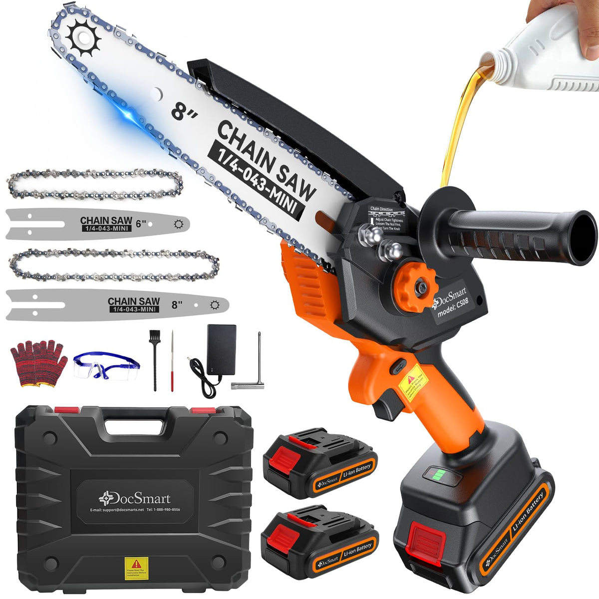 DocSmart mini chainsaw with 8-inch bar installed for fast branch cutting.