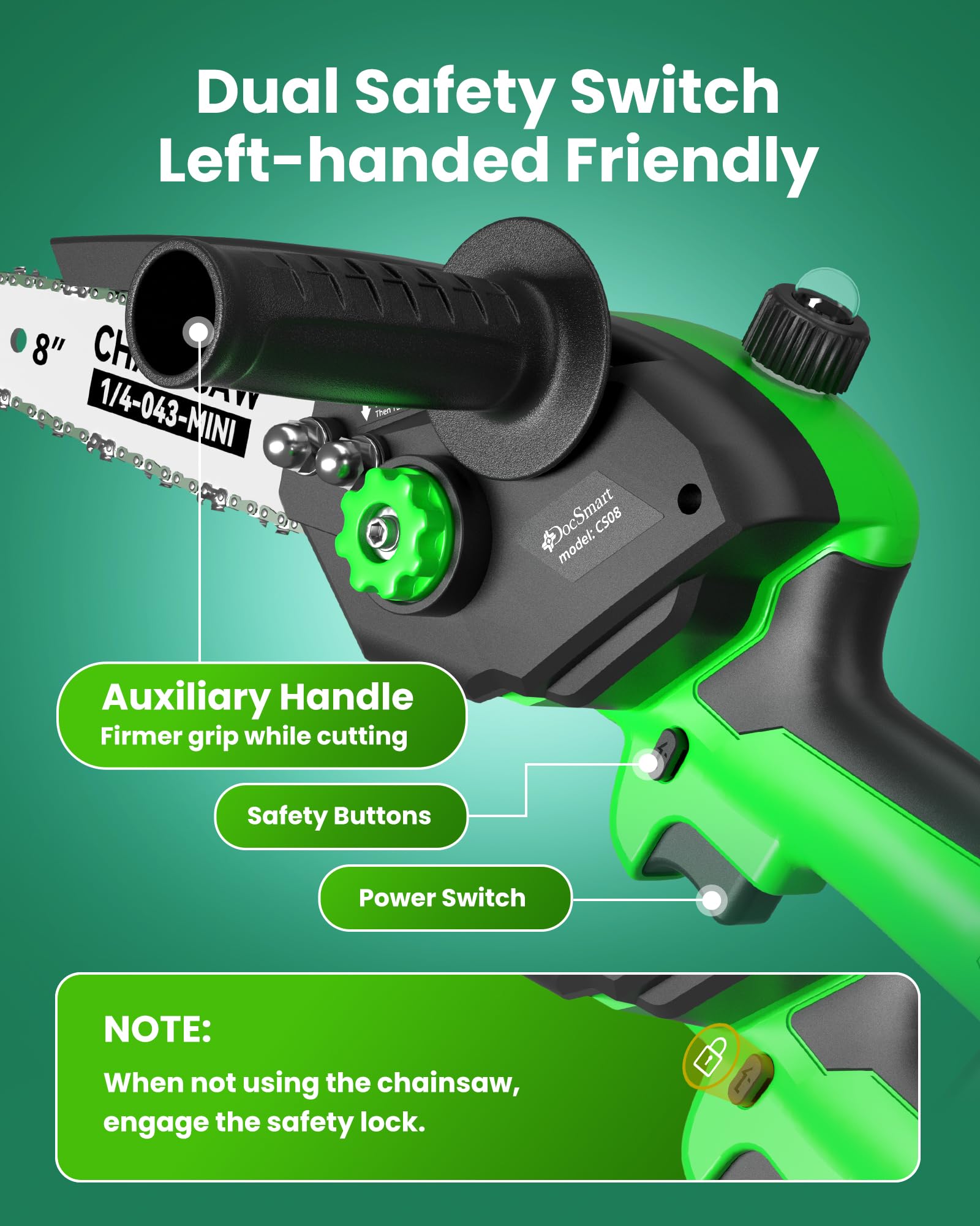 Two-in-one versatility with 8-inch and 6-inch bars for pruning and cutting