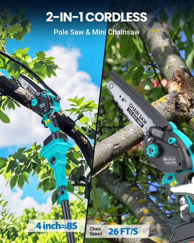 DocSmart rotatable head for precise cuts on tall branches.