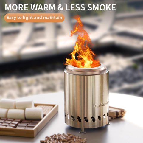 Dodometrek double-wall design with secondary combustion reduces smoke outdoors.