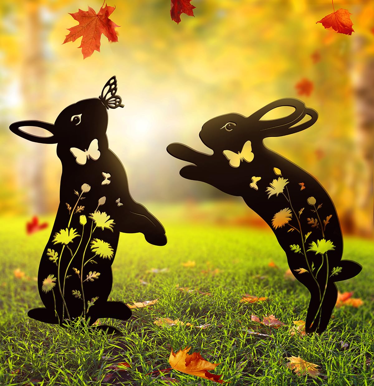 Doesen bunny yard art among blooms creates seasonal curb appeal.