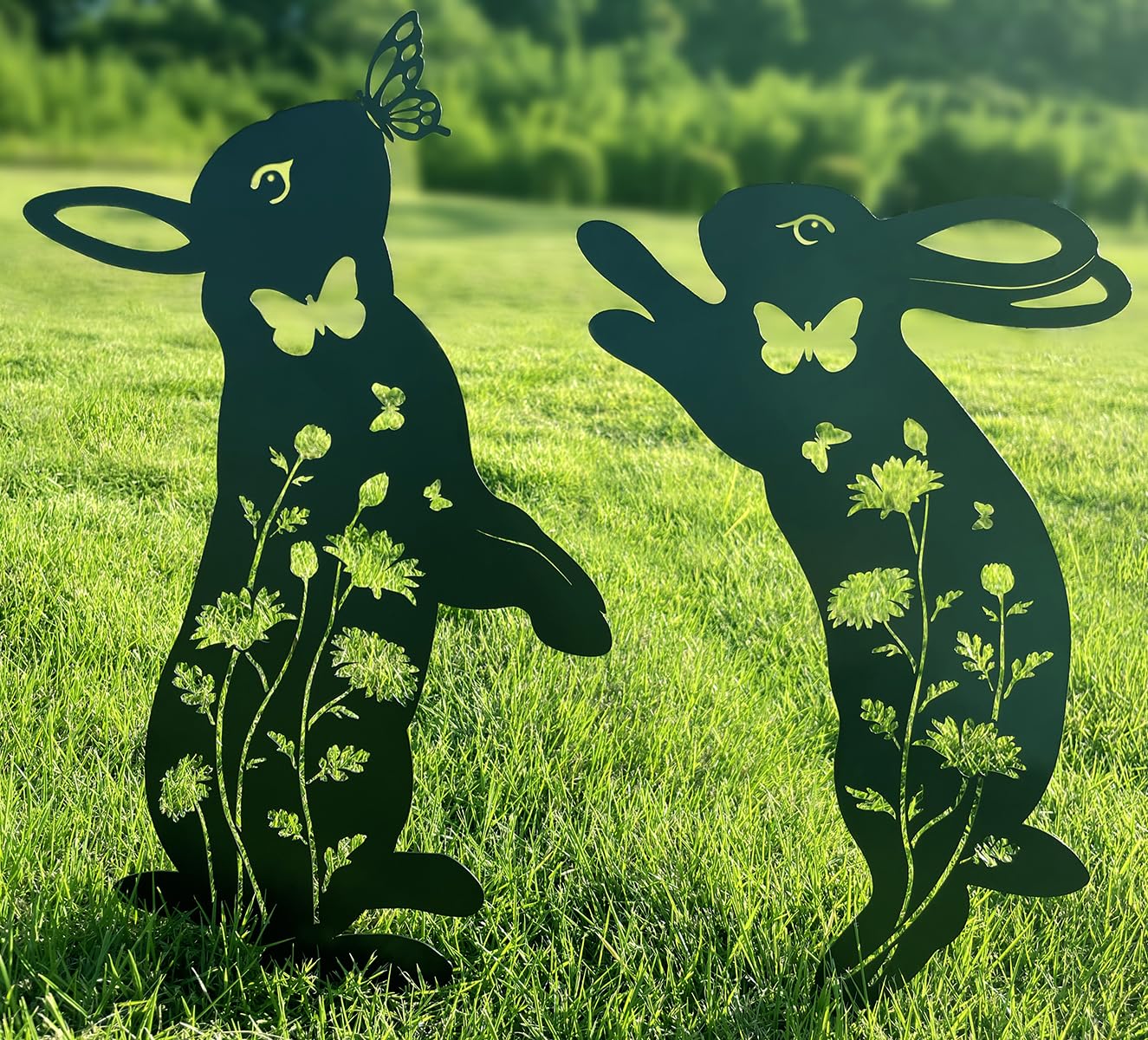 Doesen metal bunny garden decor 17-inch silhouette enhances flowerbeds with whimsy.