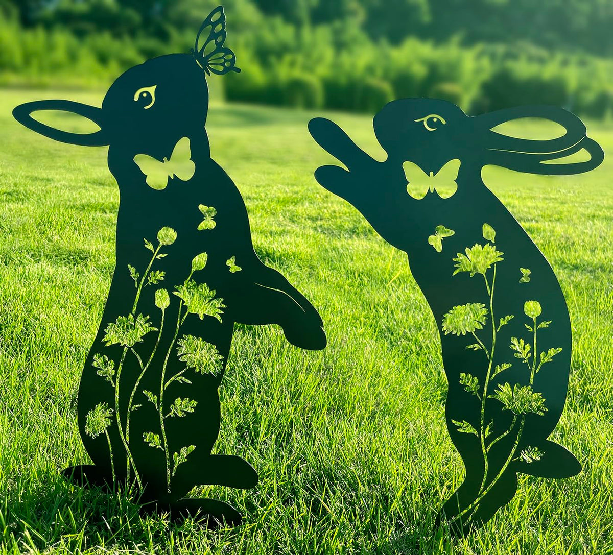 Doesen metal bunny garden decor 17-inch silhouette enhances flowerbeds with whimsy.