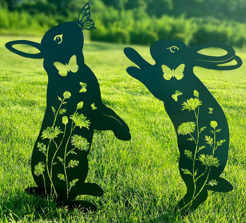 Doesen metal bunny garden decor 17-inch silhouette enhances flowerbeds with whimsy.