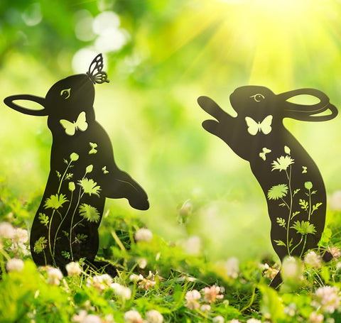 Doesen metal bunny sculpture brightens patios lawns and planters.