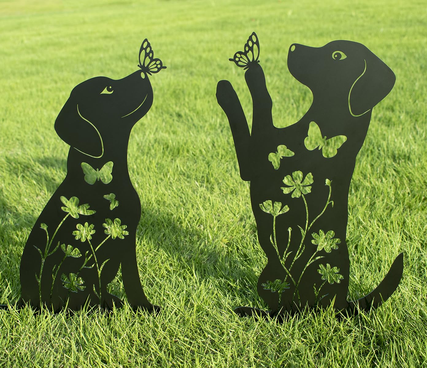 Doesen metal dog garden decor 2-pack features 17-inch silhouettes for curb appeal.