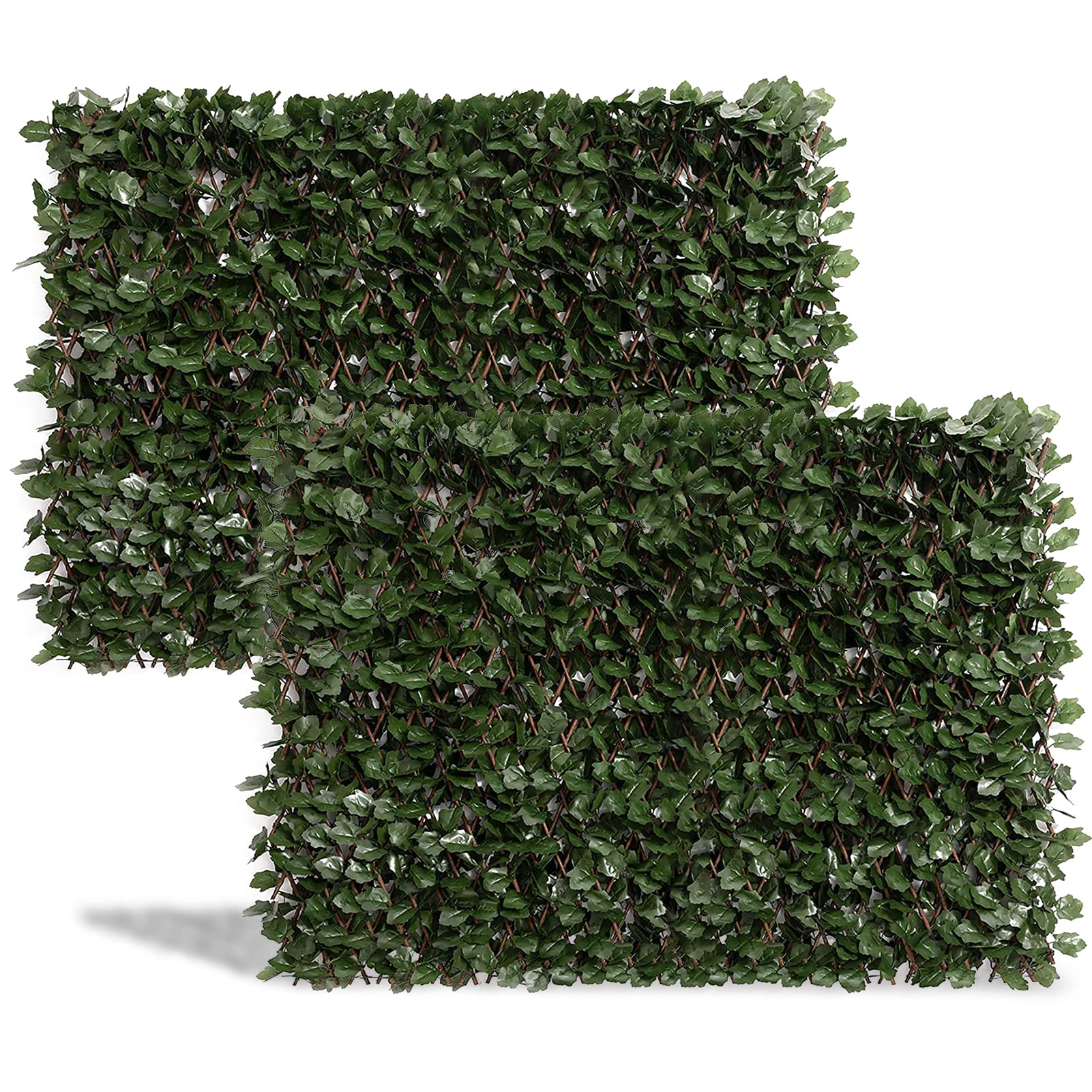 DOEWORKS expandable fence with ivy left panel creates natural backdrop and quick privacy.