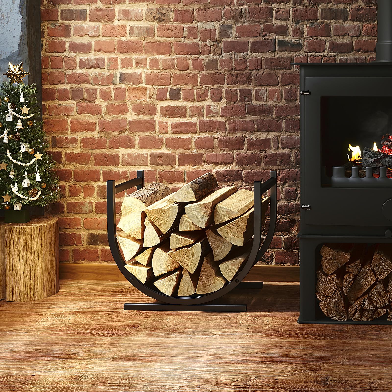 DOEWORKS indoor firewood rack assembly image shows hardware included for easy setup