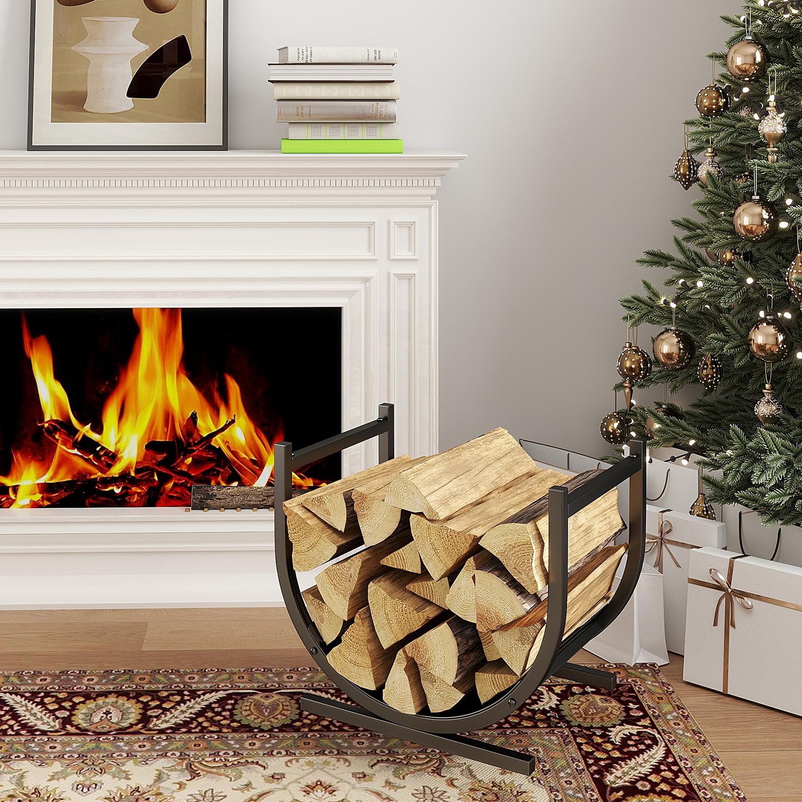 DOEWORKS indoor firewood rack in use beside a fireplace for organized warmth