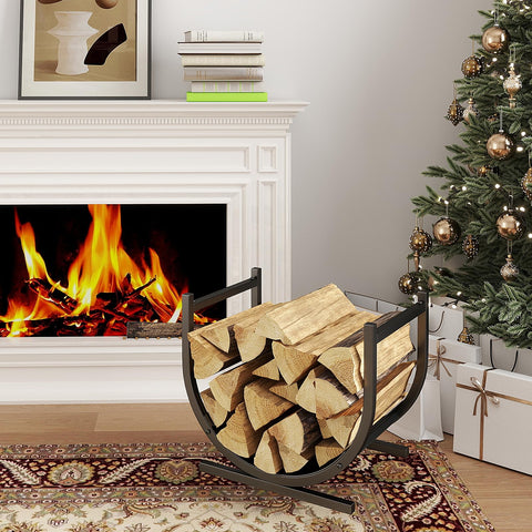 DOEWORKS indoor firewood rack in use beside a fireplace for organized warmth