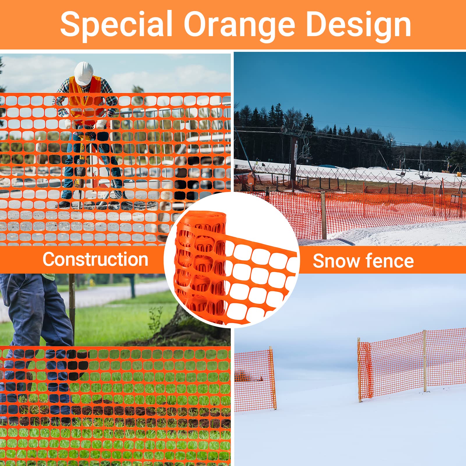 DOEWORKS safety fence shows 4 ft height and portable roll for quick setup.