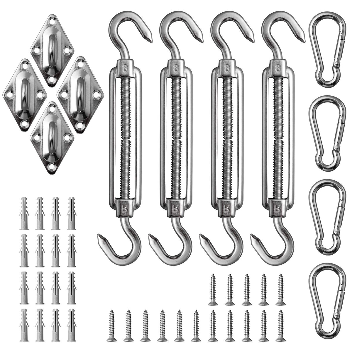 DOEWORKS shade sail hardware kit front view ready for outdoor setup